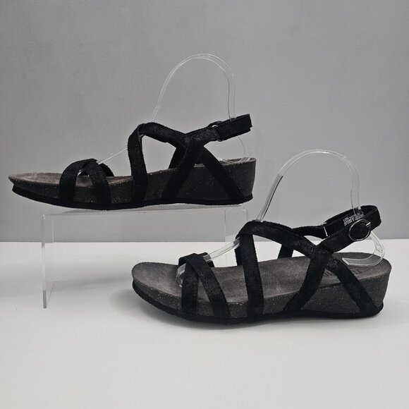 Munro Tarifa Sandal Womens 10 NARROW Black Suede Strappy Wedge Travel Casual - Picture 2 of 15